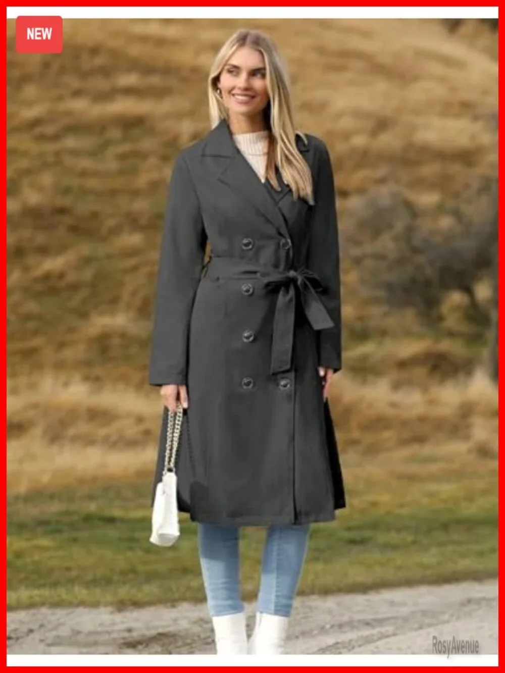 Women's Double-Breasted Trench Coat with Belt Thigh Length